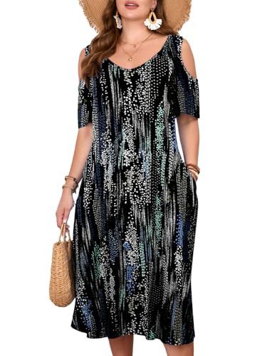 Image of LARACE Plus Size Women Dress for Summer, Midi Women's Sundress, Casual V-Neck Short Sleeve Flowy T-Shirt Dresses with Pockets