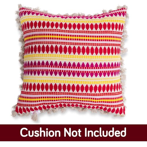 Image of HOKIPO 'Artisan Boho Series' Sofa Cushion Covers | 450 GSM Cotton Acrylic Jacquard | Tassel Design | 22x22 Inch (55x55 cm) | Pack of 2, Ruby Red (IN-906-A6*2)