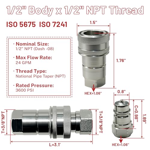 Image of 1 /2 inch Ag ISO 5675 Hydraulic Quick Connect Couplers with Poppet Valve,1 /2 inch NPT Thread,3600 PSI,Fit for Parker 8010-4 and Pioneer 4000 Series
