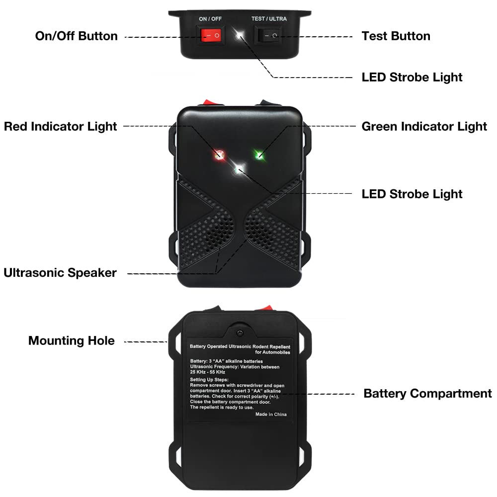 Loraffe Rodent Repellent Ultrasonic Under Hood Animal Repeller Battery