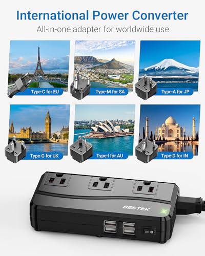 Image of BESTEK 250W Power Converter 3-Outlet and 4-Port USB Travel Voltage Transformer 220V to 110V with Type G /D /M /AU /US Travel Plug Adapters