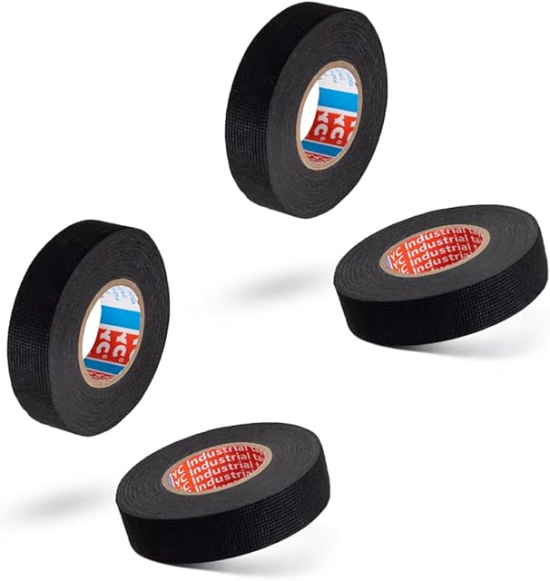 testyu 4 Rolls Wiring Harness Tape, 1.9cm x 15M Heat-Resistant Adhesive Cloth Fabric Tape Cable Looms, Reduce Noise Heat-Resistant Adhesive Tape Black