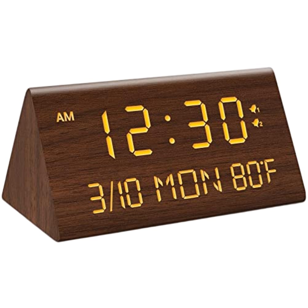 Despertador digital de madera para oficina y mesita de noche con temperatura