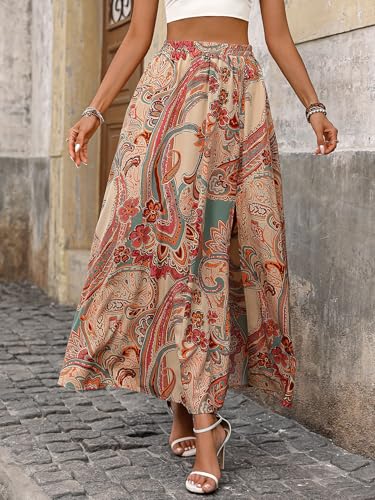 Women's Boho Floral Elastic High Waist Maxi Skirt High Slit Random Cut Long Skirts Summer Fashion Beach Vacation Dress2
