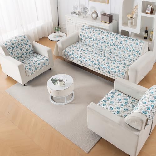 Image of HOKIPO Cerulean Bloom Quilted Sofa Cover 5 Seater with Tassels Set - Sofa Cover for Seat & Back | 'Tassel Twigs' Series (IN-991-T6 + IN-989-T6)