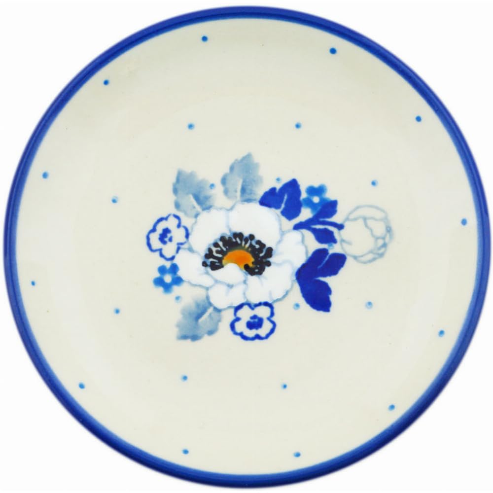 Authentic Polish Pottery Mini Plate, Coaster plate in Blue Spring Blue Design Handmade in Boles?awiec Poland by Ceramika Artystyczna + Certificate of Authenticity