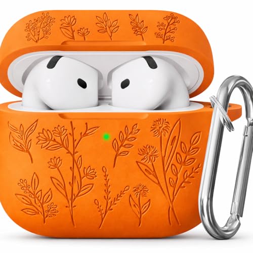 Image of Meyaar Silicone Case for AirPods 4 Floral Embossed, Flower Engraved Soft Silicone Cover with Keychain, Anti-Scratch, Shockproof Protective Case Cover (Orange, for AirPods 4 (2024)