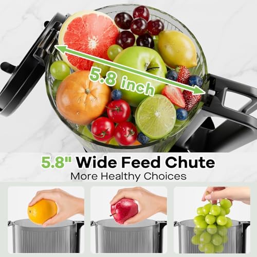 Image of EanOruus Cold Press Juicer, 5.8 inch Wide Feed Chute Juice Extractor Machine with 400W, High Juice Yield, Slow Masticating Juicer for Whole Vegetables & Fruits, Black Gray
