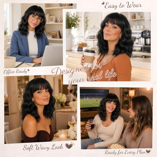Image of Nnzes Black Wavy Wigs with Bangs Women's Short Black Bob Wig Synthetic Natural Looking Heat Resistant Fiber Hair