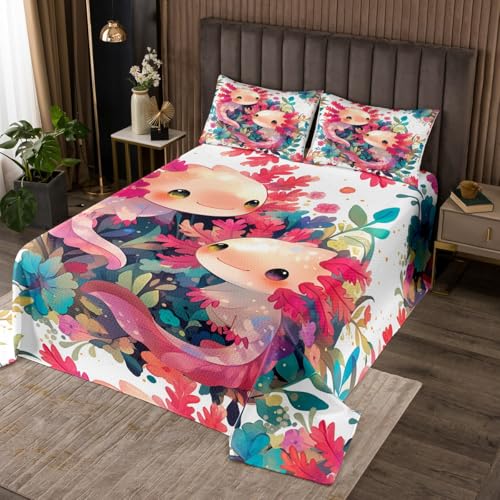 jejeloiu Cute Axolotl Bedspread King Size Kids Cartoon Salamander Coverlet for Boys Teens Kawaii Ocean Sealife Coverlet Set Kawaii Ocean Sealife Room Decor