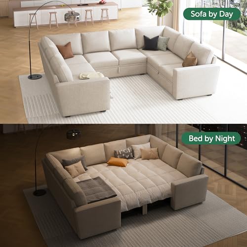 Image of HONBAY Sleeper Sectional Couch with Pull Out Bed, Modular Sofa with Storage Seats, U Shaped Sectional Couches for Living Room, Beige