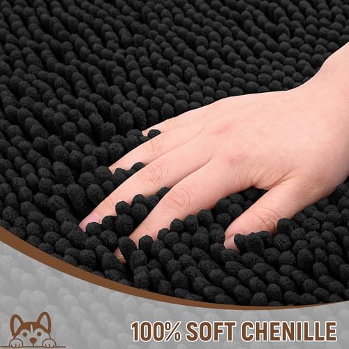 Image of Absorbent Dog Door Mat for Muddy Paws, 72 inch x 36 inch Chenille Indoor Mats for Entryway, Trap Dirt Front Door Mat Indoor Entrance Washable Non Slip Soft Black