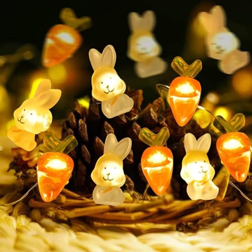 SIXIUDIA Easter Decorations Lights 20LEDs Bunny Carrot String Lights Battery Operated, Easter Decor Spring Rabbit Fairy Lightsfor Home Indoor Outdoor Easter Basket Eggs Party