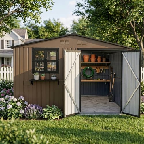 Cobertizo de metal de 7,19 m² – Cobertizo de jardín de acero galvanizado con doble puerta y 2 ventanas, estantería para flores, impermeable, con cerradura, resistente a la intemperie, color marrón y