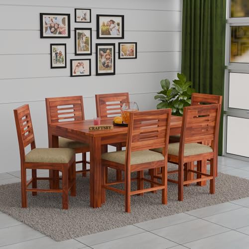 Image of 57 Inch Length Solid Sheesham Wood 6 Seater Dining Table Set | Six Seater Dinner Table with 6 Cushions Chairs | Dinning Table Set 6 Seater for Living Room | Table & Chair Set | Honey Finish