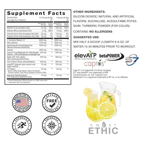 Image of Sweat Ethic Pump Pre Workout Powder, Caffeine Free Pre Workout with Citrulline Malate, Betapower, Beta Alanine, Capros Indian Gooseberry, and Alpha Gpc, Easy to Mix, Lemonade Flavor, 42 Servings