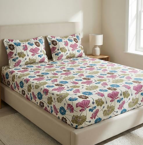 Image of VAS Collections Waterproof Fitted Bedsheet King Size (78x72+8 inches) with 2 Pillow Covers | Noiseless, Leakproof, All-Round Elastic (White, Green & Blue, Fitted Bedsheet (78 X72 inch))