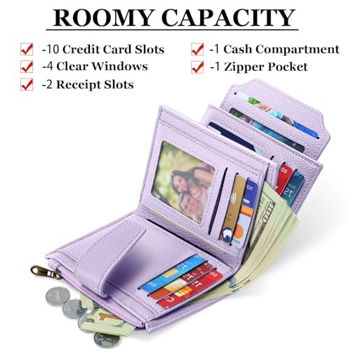 Image of Airkit Wallet Women, Small Wallet for Women Leather, Ladies Bifold Compact RFID Blocking Credit Card Holder, Girls Mini Travel Purse, Pocket Passport Wallet with 4 ID Window, Light Purple, small