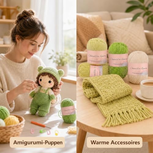 Nissary Chenille Wolle zum Häkeln, 6x50g Flauschige Chunky Wolle,weiche Häkelwolle Amigurumi Wolle Set mit Häkelnadel & Stricknadeln,Chenille Garn für Decken, Schals, Handmade Geschenke & Haustier – Bild 5