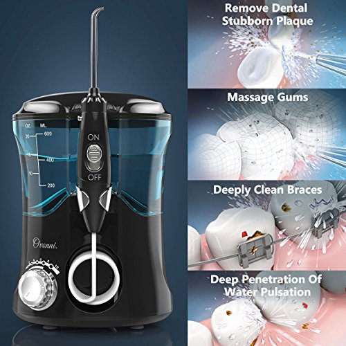 Water Flosser Teeth Cleaner, Ovonni Dental Electric Oral Irrigator with 8 Jet Tips For Braces, Implants, Bridges, 10 Pressure Settings and 600ML Capacity for Whole Family (Black)