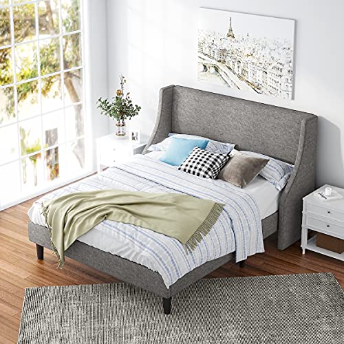 Hoomic Queen Size Bed Frame, Modern Fabric Upholstered Wingback