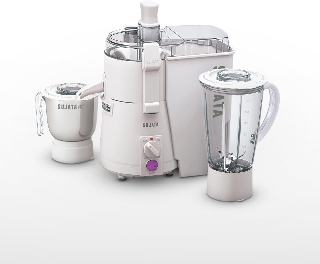 Sujata Powermatic Plus Juicer Mixer Grinder|900 Watts Double Ball Bearing Motor|22000 RPM|Non-Stop 90 Mins Running|2 Jars including 1750ml Blender, 1000ml Grinder Jar| (White)