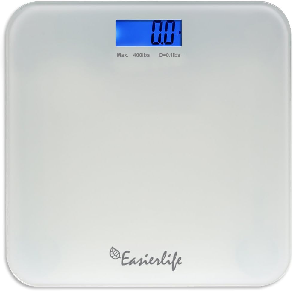 EasierLife High Precision 400 Lbs/180 KG Digital Bathroom Scale, w/ Ultra Sturdy Tempered Glass and Color LCD and "Smart Step-on" Technology, White