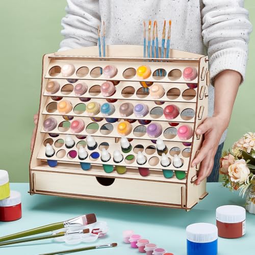 Image of Large Wooden Paint Rack Organizer for Holds 64 Bottles (2 Size) 30 Brushes Rack 1 Cabinets Craft Paints Organizers Storage Paint Holder Organizers Paints Bottle Organizer