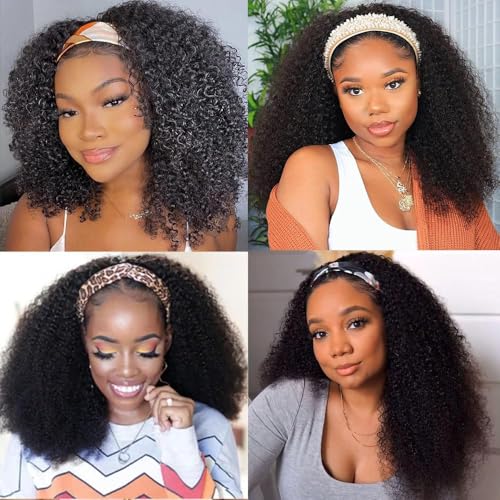 Image of XSY kinky Curly Headband Wig Human Hair 16 Inch Glueless No Lace Wigs Human Hair for Black Women 150% Density Curly Wig Natural Color