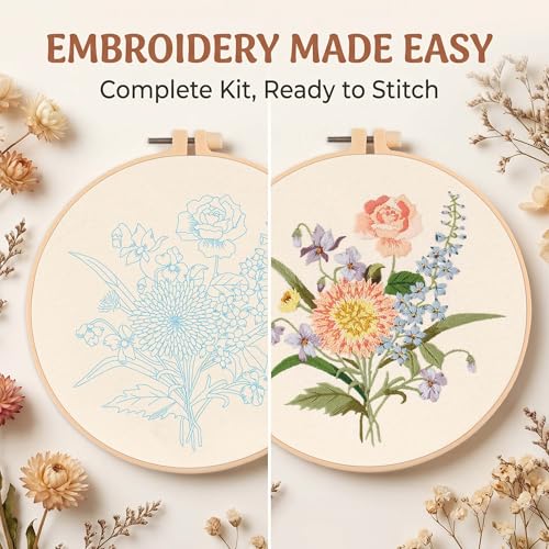 Image of Harimau Adult Beginner Embroidery Starter Kit, Complete Set with 4 Patterns, 2 Hoops, Needles, Scissors, Instruction Guide & Stitching Video Tutorials