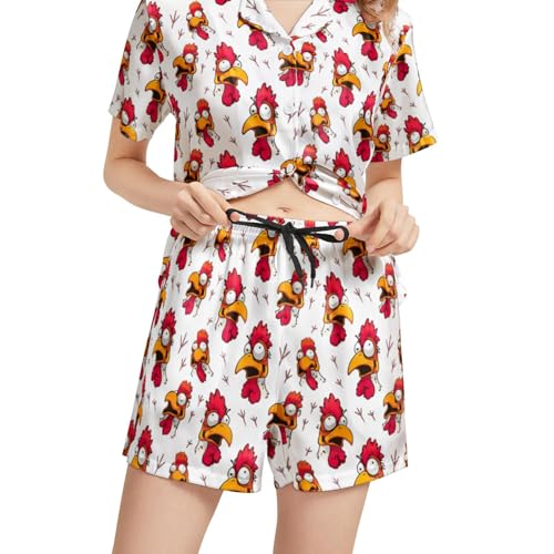 Image of Funny Satin Pajamas Set for Women Button Down Sleepwear Print Pjs Set 2 Piece Short Sleeve Loungewear Gift for Women
