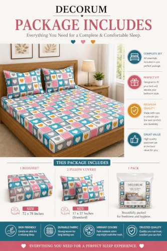 Image of DECORUM Glace Cotton Fitted 1 Bedsheet King Size (72 inchx78 inch) | All Around Elastic | Cotton Feel | 2 Pillow Covers (17 inchx27 inch) | Fits Up to 8 inch Mattress | 200-220 TC | Printed Double Bed Sheet Set