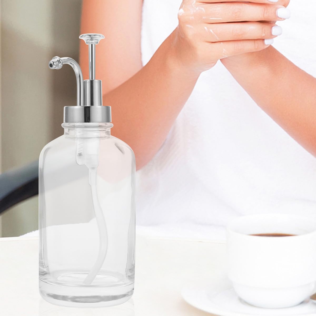 Distributeurs de Sirop Design Unique en Verre 500ml Lot de 2 Pompe Argentée Décorative et Identification Facile Contenu Cuisine