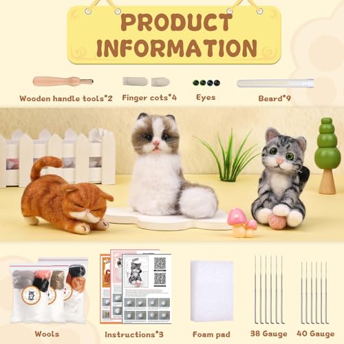 Image of Mayboos Needle Felting Kit, 3 PCS Cat Animal Needle Felting Beginner Kits Wool Felt Needle Felting Tools with Instruction for DIY Craft Animal Home Decoration