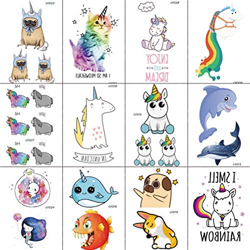 12 Pieces/Lot DIY Fun Cartoon Unicorn Temporary Tattoos Stickers For Kids Body Art Arm Waterproof Fake Custom Tattoos Fairy Tatto Paste Women Girls 10x6cm