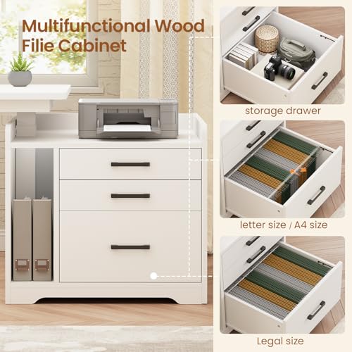 Image of SEDETA L Shaped Electric Standing Desk with File Cabinet, 63 x 53'' Height Adjustable Home Office Computer Desk with Drawers, Power Outlet, Stand up Gaming Table with Led Lights, Keyboard Tray, White