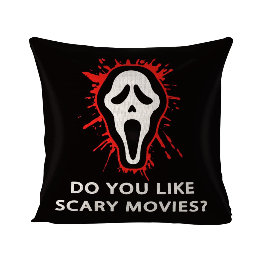 Horror Ghost face Pillow Cover Do You Like Scary Movie Halloween Pillow Cover Horror Halloween Decorations Creepy Ghost Throw Cushion Cover Cotton Linen Pillowcase 18 x 18 Inch, No Pillow Insert
