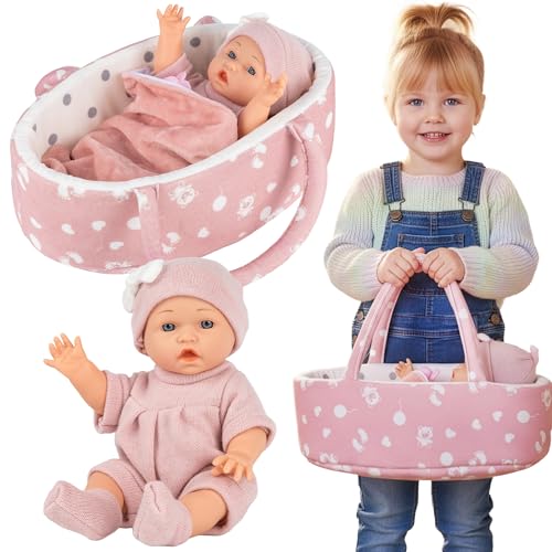 Kinderplay Muñeca bebé con portabebés y Accesorios – Muñeca de 30 cm con Manta, Almohada y Chupete – Muñecas realistas para niños a Partir de 3 años, Regalo para niñas