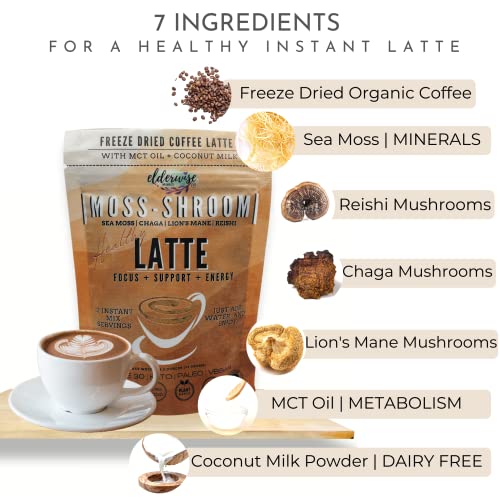 Elderwise Organics Coffee - Latte - Lion's Mane, Chaga, Reishi, Cordyceps, MCT Oil, Coconut Cream & Sea Moss - 12 Servings - Freeze Dried Instant Coffee - Chemical free - Fair Trade - Image 3