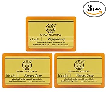 Khadi Natural Papaya Handmade Soap| Herbal Soap for tan removal| Handmade bathing soap| Suitable for all skin types|Pack of 3 (125gm*3) (375gm)