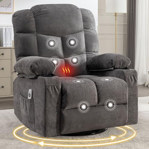 Oversized Massage Swivel Recliner Chair with Lumbar Heating for Living Room Rocker Recliner Single Sofa with Cup Holders and USB Charge Port, Large Big Chair Recliners for Adult
