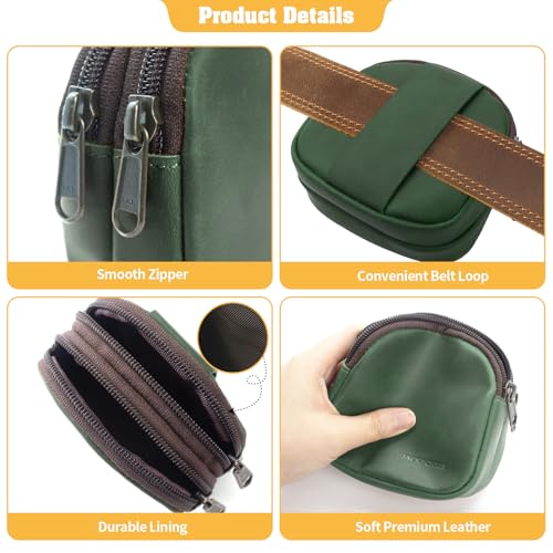 Image of Jack&Chris Coin Purse for Men, Genuine Leather Mini Coin Wallet Zipper Pocket with Back Belt Loop, Coin Bag for Men, Green