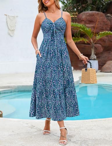 Image of Kranda Women 2026 Summer Sundress High Waist Tie Front Spaghetti Strap Long Beach Floral Tiered Maxi Dress with Pockets
