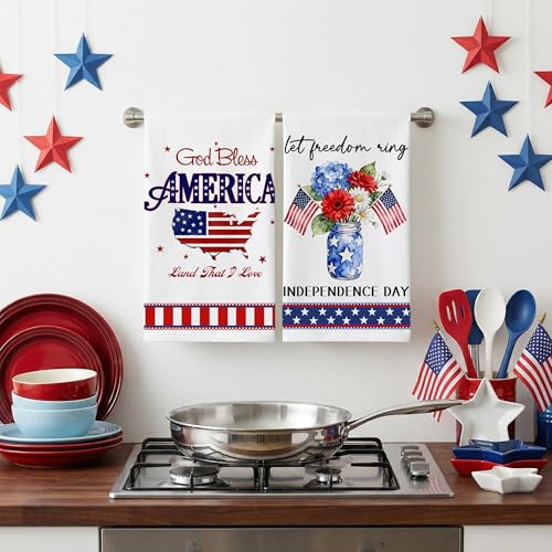 Image of Hexagram 4th of July Kitchen Towels, Patriotic Hand Towel for Bathroom, 4th of July Decor for Kitchen, Memorial Day, Independence Day Dish Towel, Patriotic Dceor for Bathroom