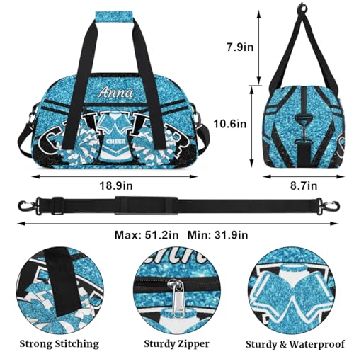 Custom Cheer Sport Gym Bags, Personalized Name Overnight Duffel Bags for Boys Girls Weekender Bag Dance Travel Tote Bags, Glitter Light Blue2