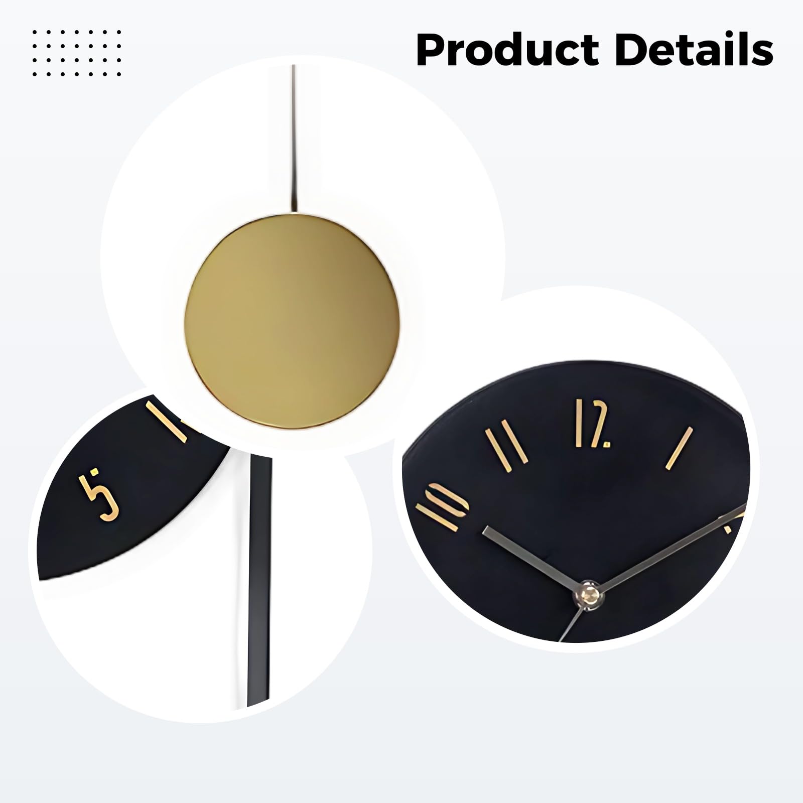 Reloj de pared con péndulo de metal, 40 cm, decorativo, de hierro negro, movimiento silencioso, números dorados, para decoración del hogar, sala de estar, dormitorio, oficina
