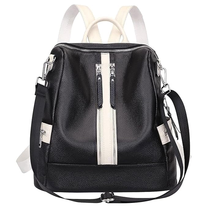 Women's Fashion Backpack Handbags and Shoulder Bag PU Leather Travel bag Vegan Leather Girl's Travel Casual Collage Backpack(black white)-image-24