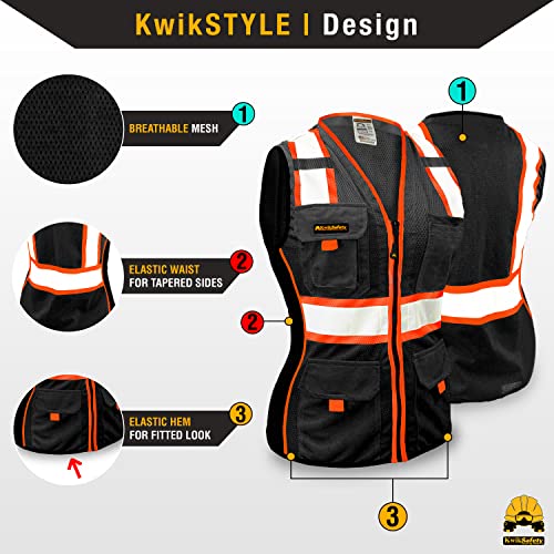 Kwiksafety (Charlotte, Nc Black Widow Safety Vest For Women (Snug-Fit) 9 Pockets Premium Ansi Class Unrated Custom High Visibility Reflective Slim Fitted Construction Work Gear | Black/Orange Medium #TOP3