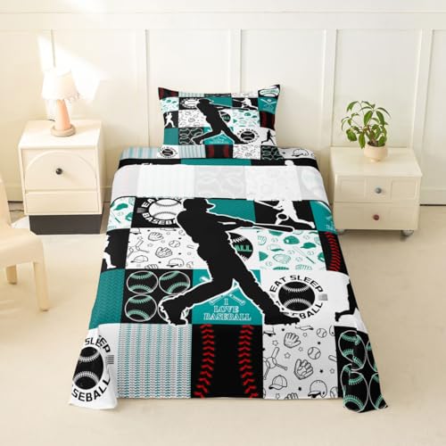 Image of Castle Fairy Baseball Player Bed Sheet Set Twin Size,Sports Geometric Grid Green Sheet Set Kids Teens,Patchwork Baseball Bedding Decor Set with 1 Flat & 1 Fitted Sheet with 1 Pillow Sham