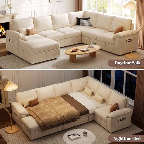Image of 108 Inch Modular Sectional Sofa with Pull Out Bed,U Shaped 7 Seat Sectional Sleeper Sofa with Storage,Sectional Couches for Living Room,Cloud Modular Couch,Removable Sofa Cover,Beige